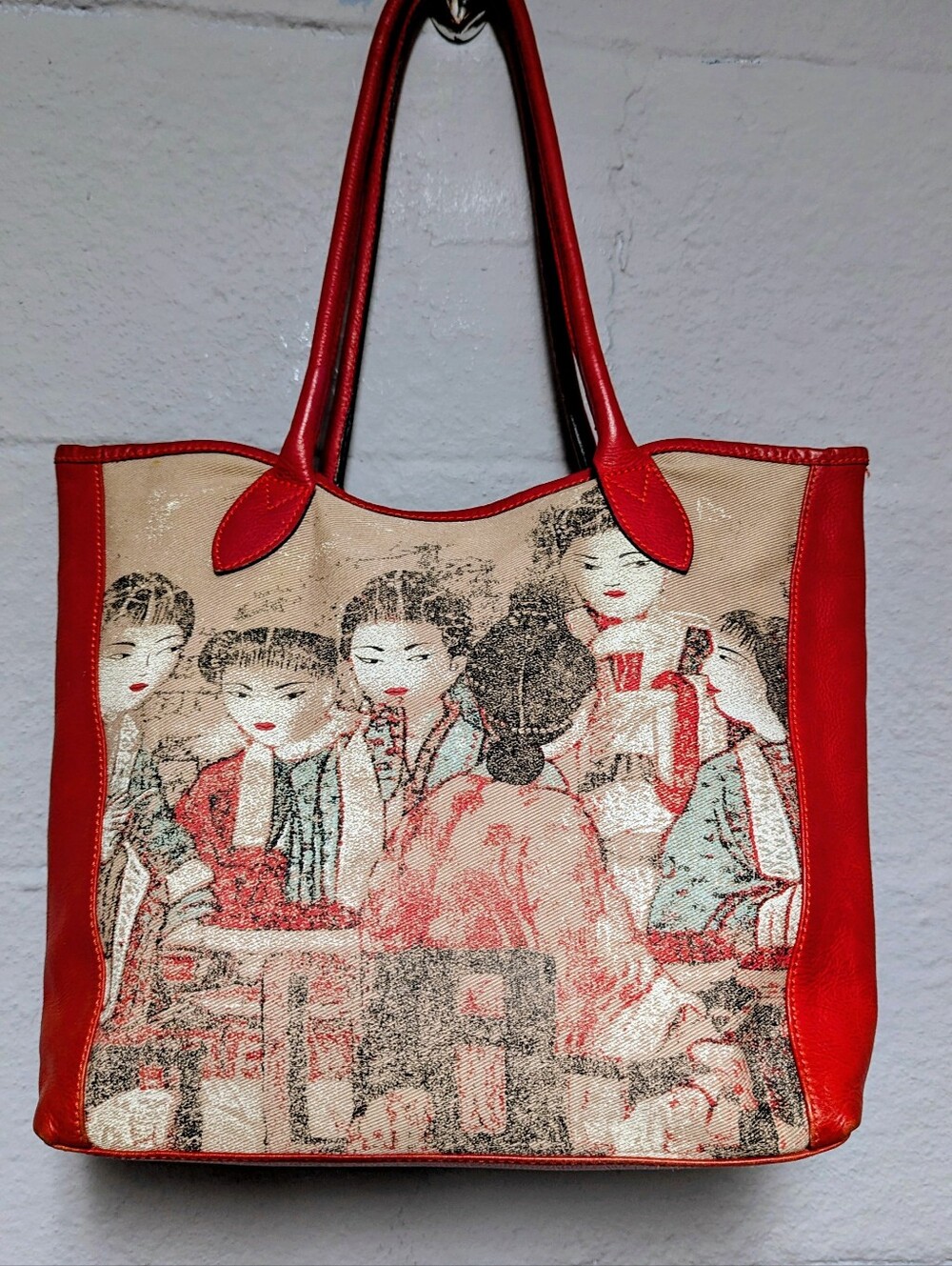 Chicos Canvas And Leather Tote Bag Asian Painting Graphic